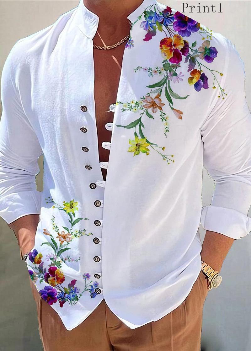 White Print Button Cotton Shirt Stand Collar Fall