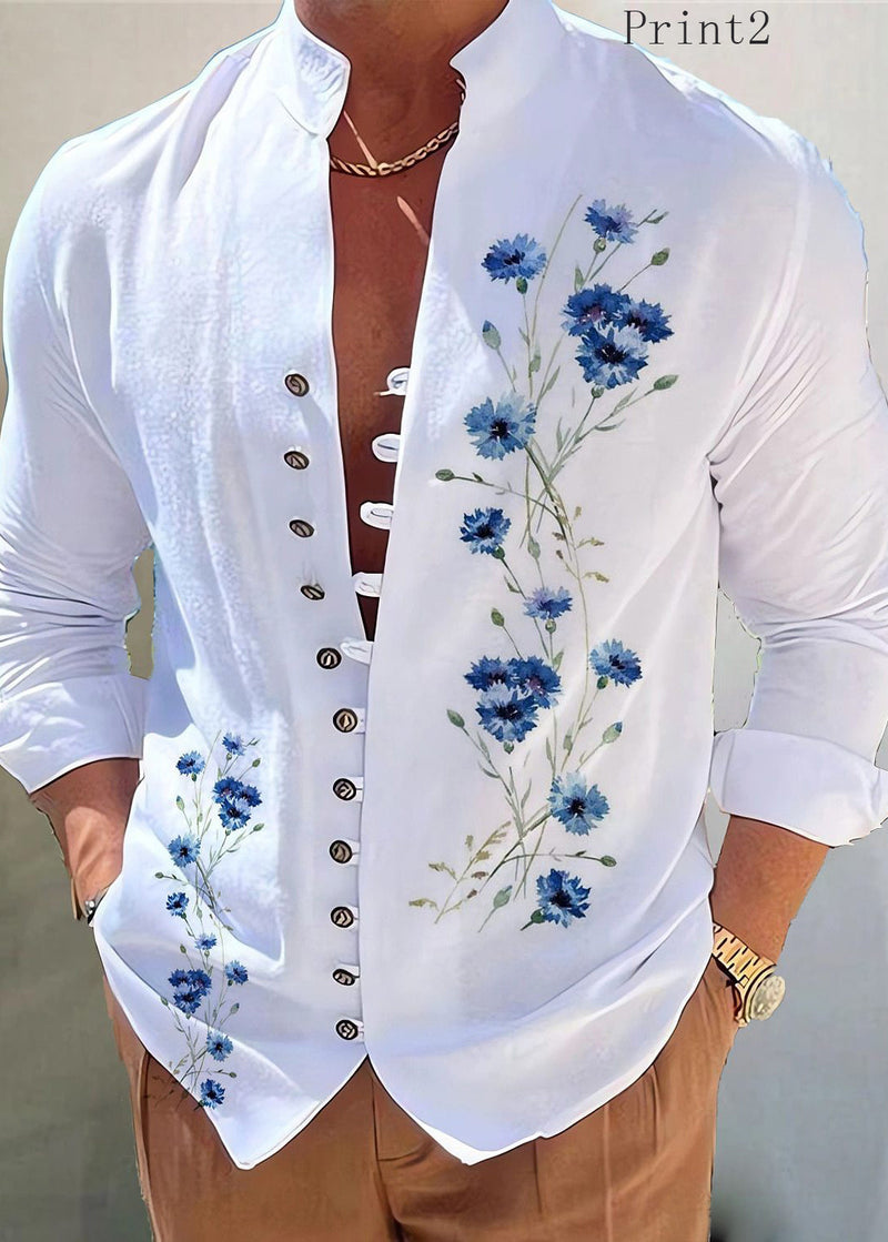 White Print Button Cotton Shirt Stand Collar Fall