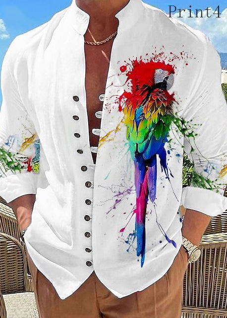 White Print Button Cotton Shirt Men Stand Collar Fall