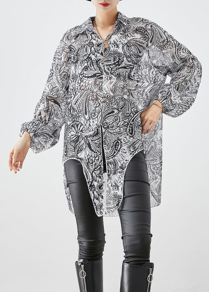 White Print Chiffon Upf 50+ Shirt Top Oversized Side Open Fall