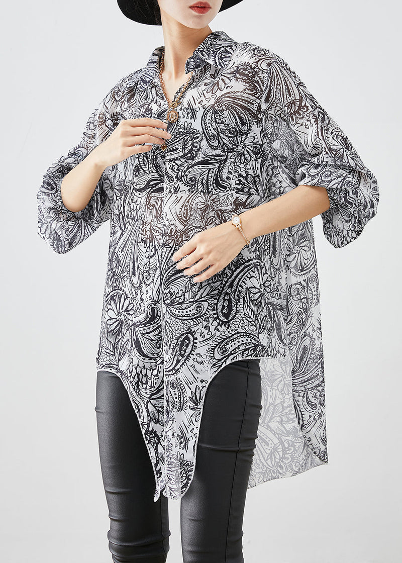 White Print Chiffon Upf 50+ Shirt Top Oversized Side Open Fall