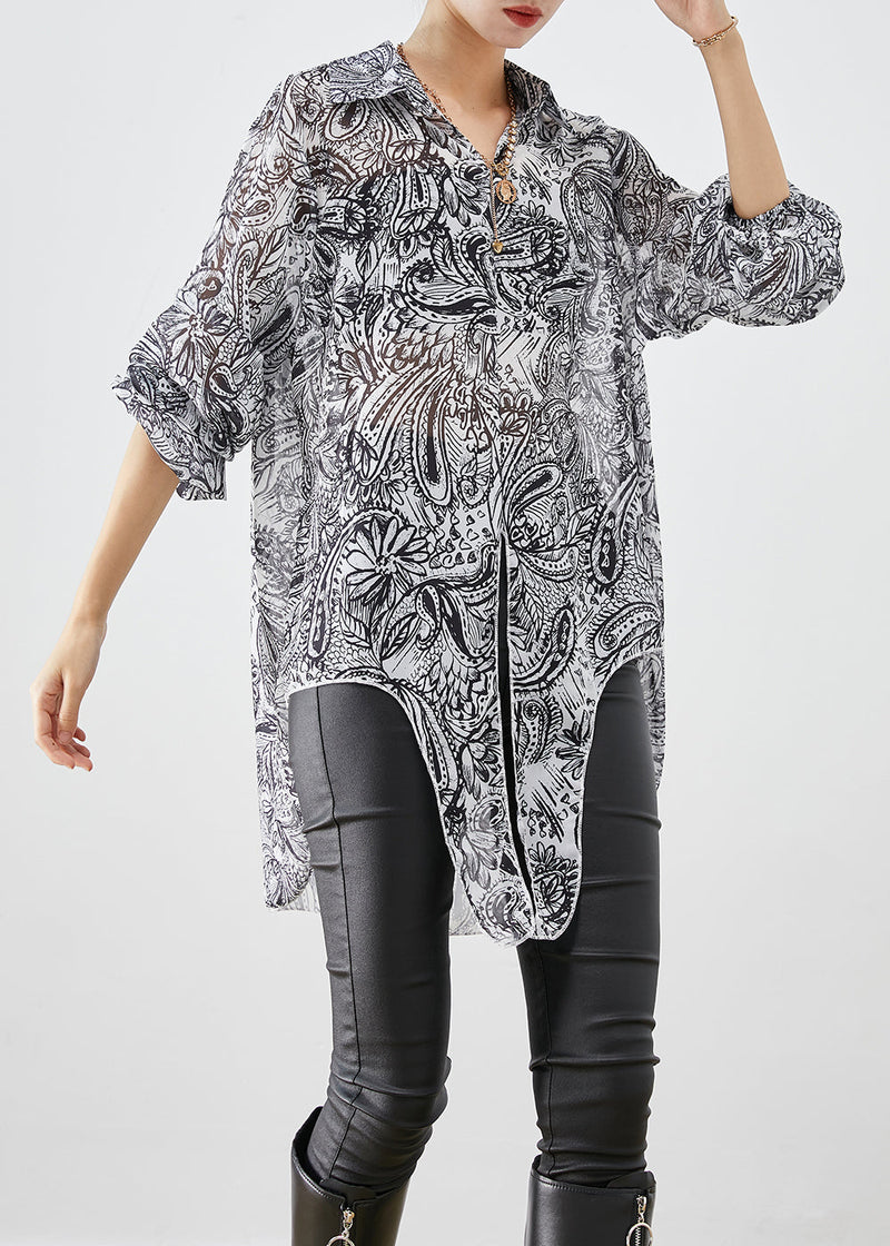 White Print Chiffon Upf 50+ Shirt Top Oversized Side Open Fall