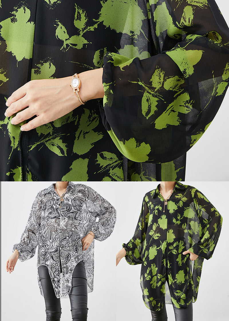White Print Chiffon Upf 50+ Shirt Top Oversized Side Open Fall