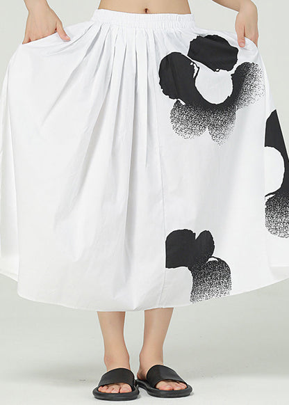 White Print Cotton a Line Skirts Elastic Waist Oversized Summer