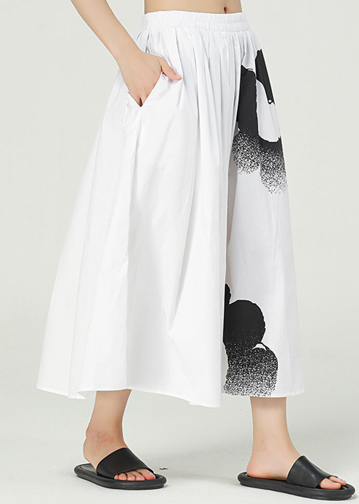 White Print Cotton a Line Skirts Elastic Waist Oversized Summer