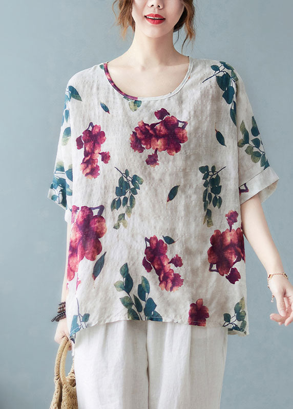 White Print Cotton Tanks O-neck Low High Design Short Sleeve
