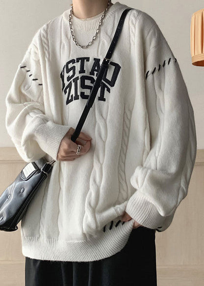 White Print Cozy Cotton Knit Winter Sweaters O Neck