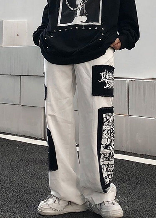 White Print Patchwork Cotton Pants Elastic Waist