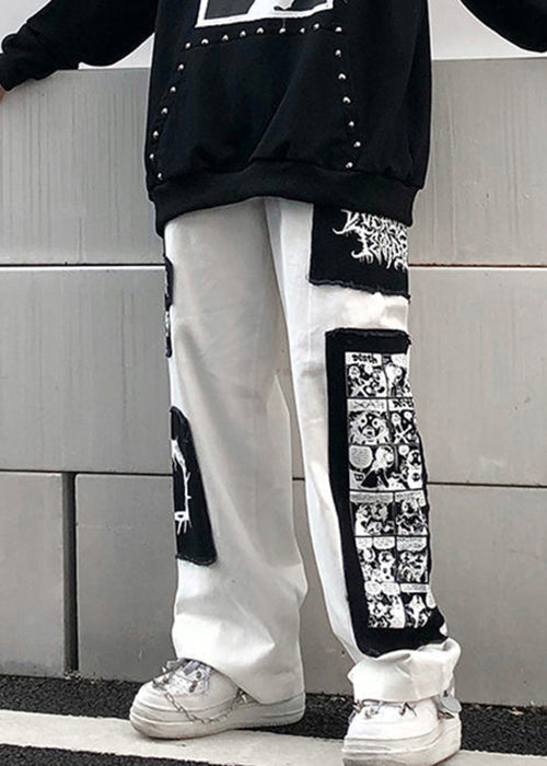 White Print Patchwork Cotton Pants Elastic Waist