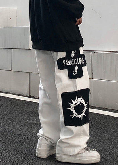 White Print Patchwork Cotton Pants Elastic Waist