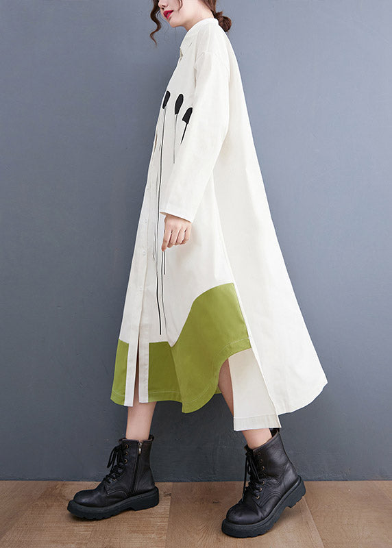 White Print Pocket Shirt Long Dresses Asymmetrical Design Long Sleeve
