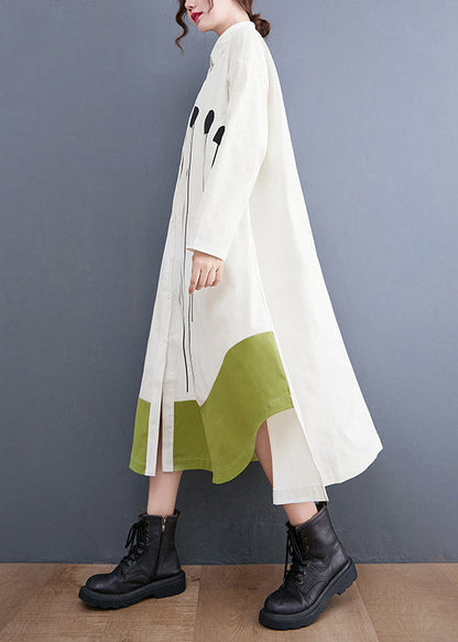White Print Pocket Shirt Long Dresses Asymmetrical Design Long Sleeve