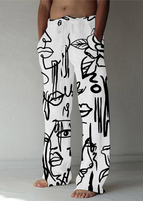 White Print Pockets Cotton Pants Elastic Waist Summer