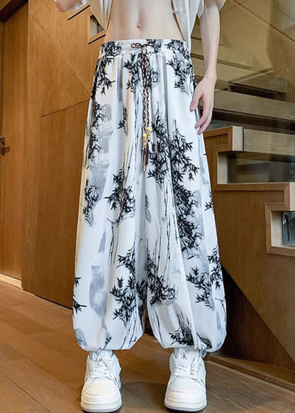 White Print Pockets Ice Silk Crop Pants Elastic Waist