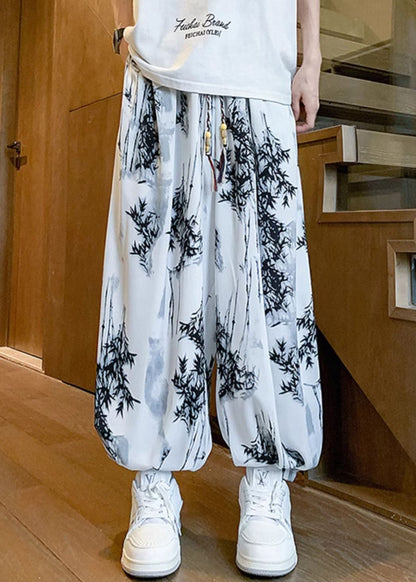 White Print Pockets Ice Silk Crop Pants Elastic Waist