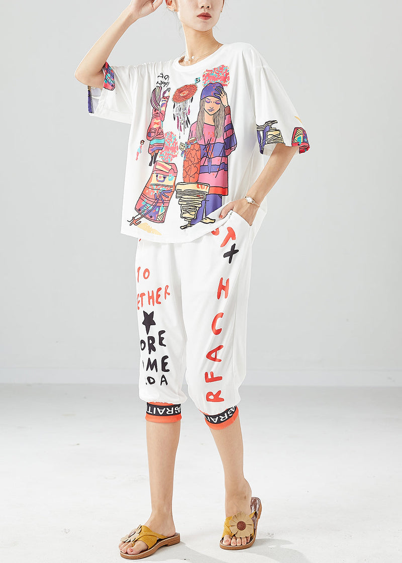 White Print Silk Tops and Pants Two Pieces Set Oversized Summer