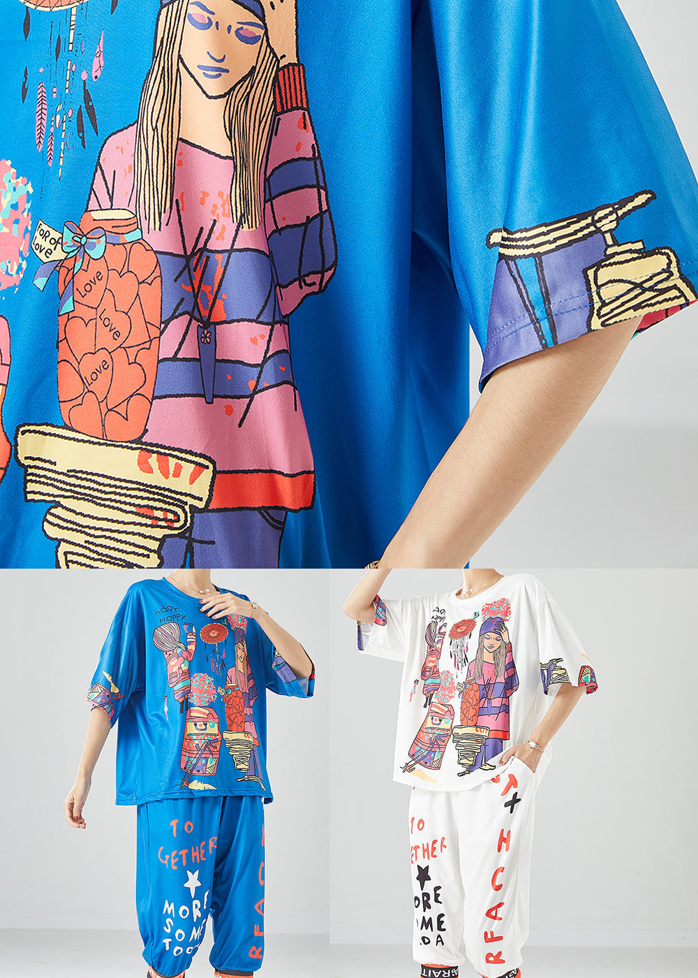White Print Silk Tops and Pants Two Pieces Set Oversized Summer