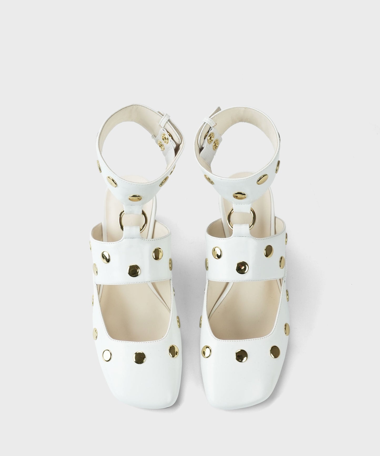 White Rivet Splicing Faux Leather Hollow Out Chunky Heels
