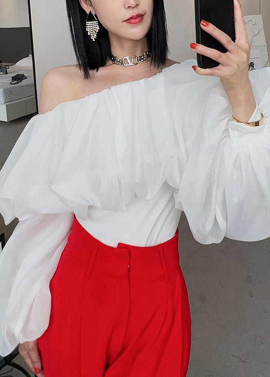 White Ruffled Chiffon Shirts Slash Neck Puff Sleeve