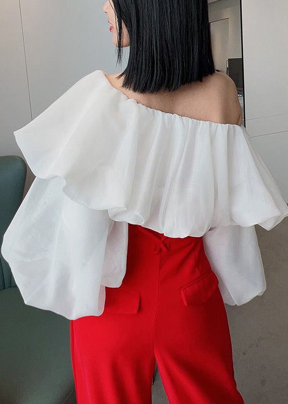 White Ruffled Chiffon Shirts Slash Neck Puff Sleeve