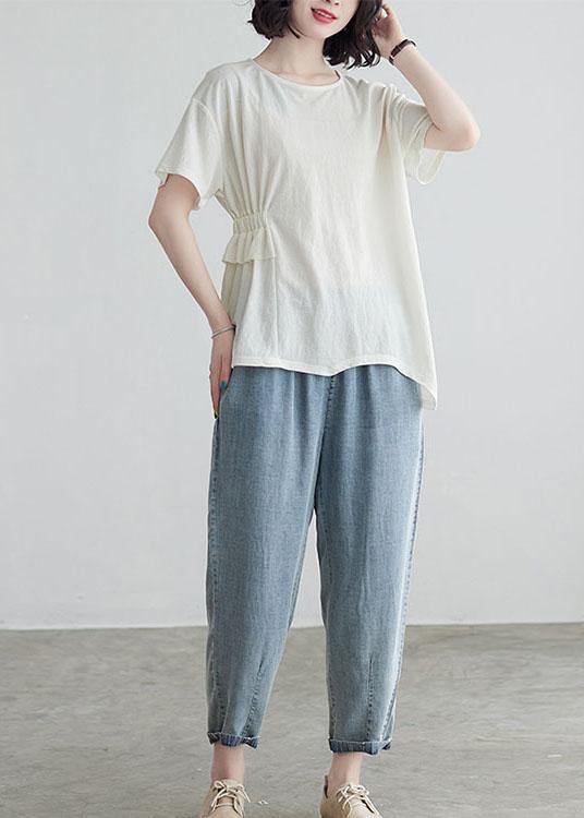 White Ruffled Asymmetrical Design Cotton Summer Tops