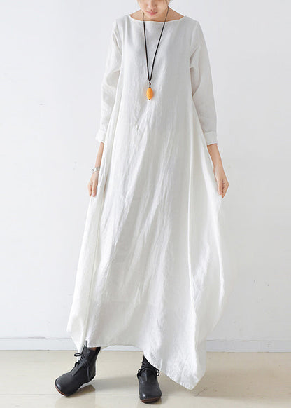 White Slash Neck Pockets Linen Dress Long Sleeve