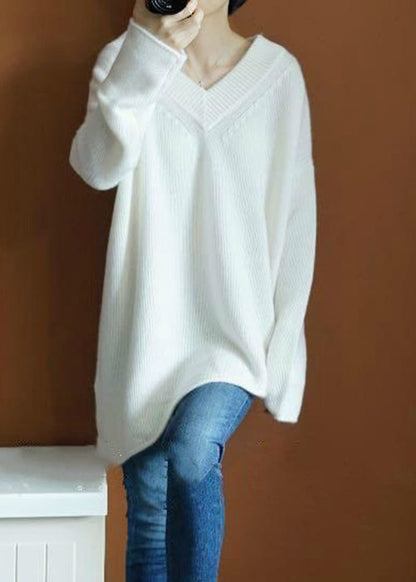 White Cozy Knit Sweaters Top V Neck Spring