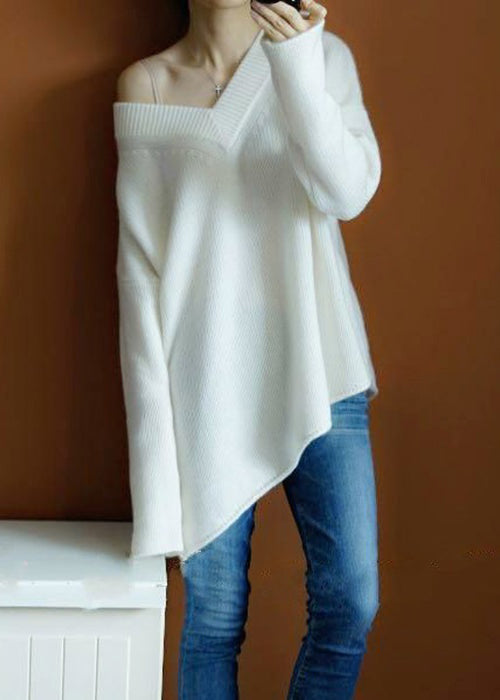 White Cozy Knit Sweaters Top V Neck Spring