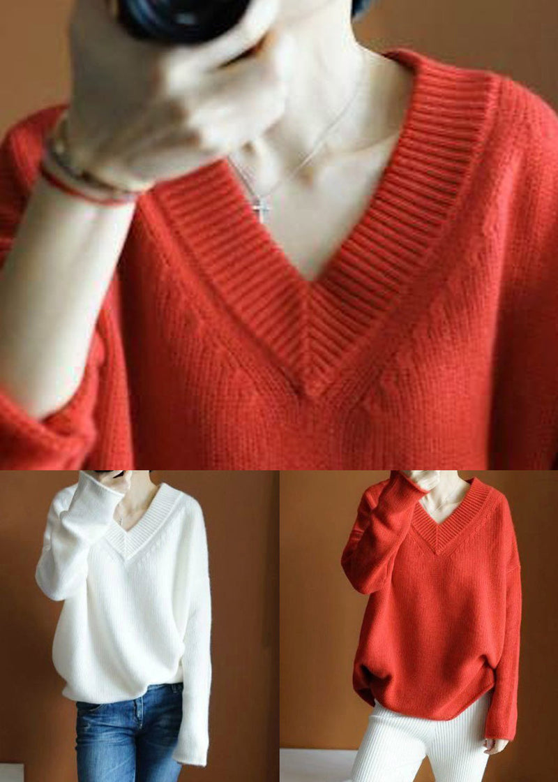 White Cozy Knit Sweaters Top V Neck Spring