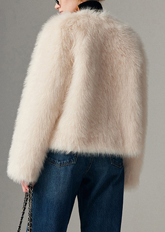 White Cozy Leather and Fur Coats Long Sleeve