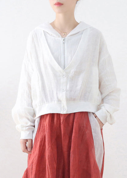 White Linen Fake Two Piece Coats Zip Up Batwing Sleeve