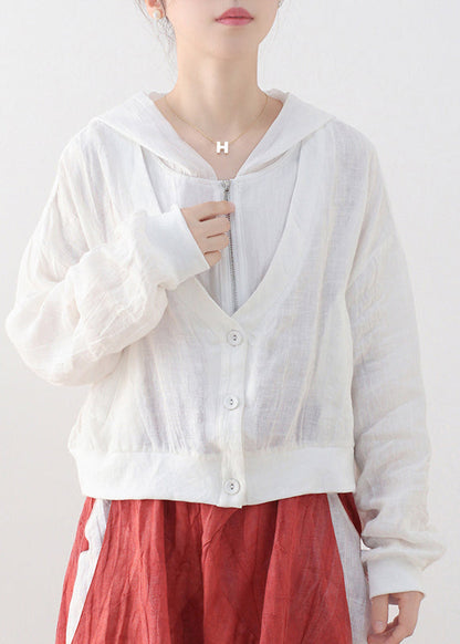 White Linen Fake Two Piece Coats Zip Up Batwing Sleeve