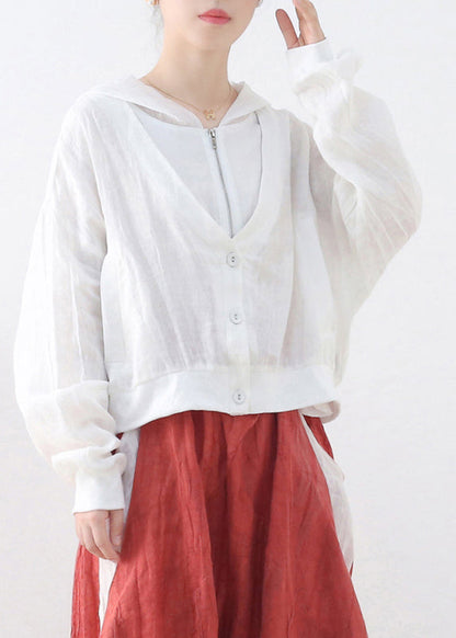 White Linen Fake Two Piece Coats Zip Up Batwing Sleeve