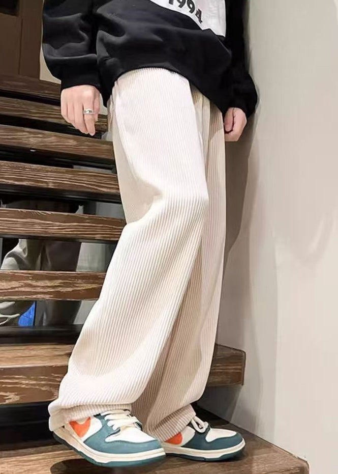 White Loose Warm Fleece Corduroy Pants Elastic Waist Spring