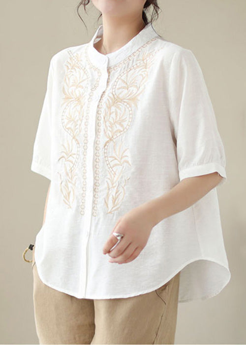 White Patchwork Cotton Blouses Stand Collar Summer
