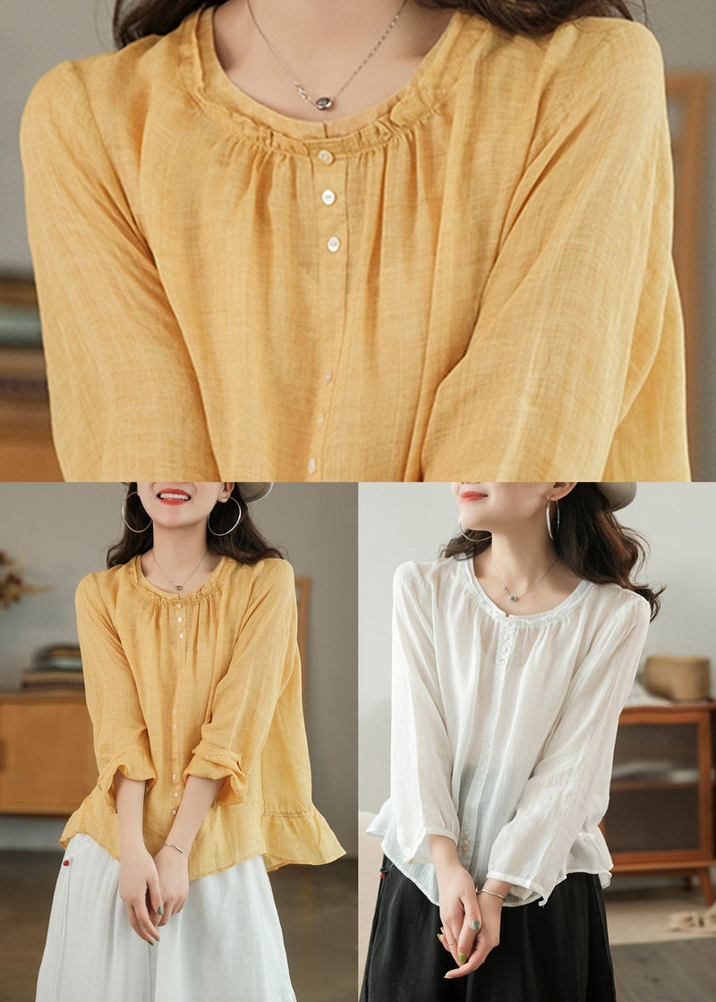White Patchwork Ruffles Linen Shirt Top Three Quarter Sleeve