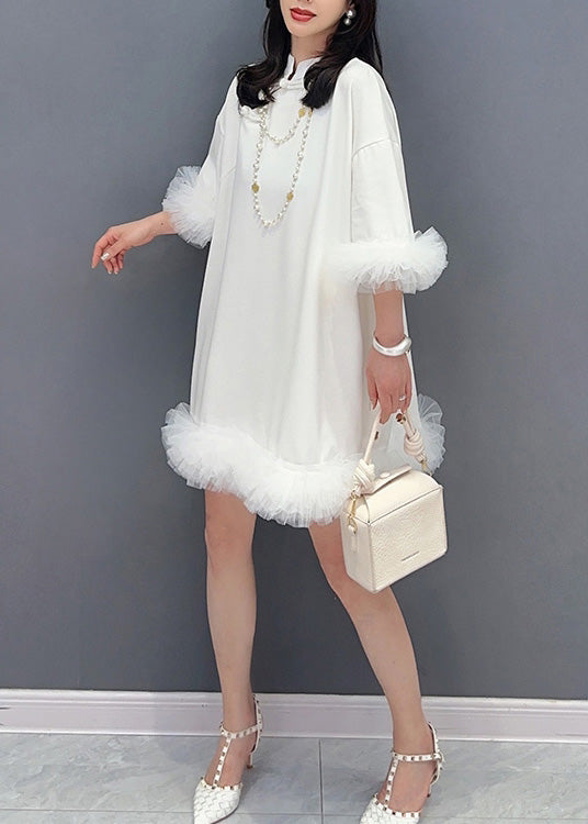 White Stand Collar Button Mid Dress Half Sleeve
