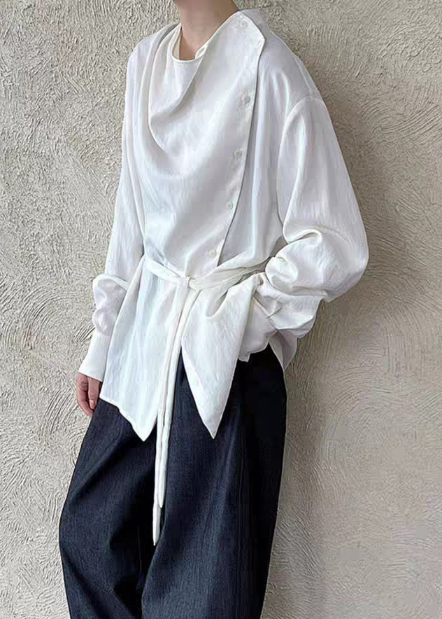 White Stand Collar Button Shirts Lantern Sleeve