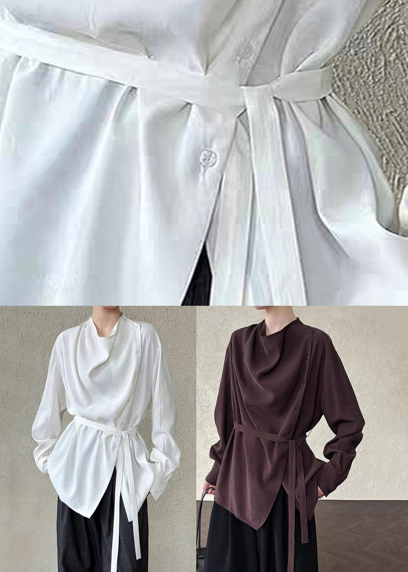 White Stand Collar Button Shirts Lantern Sleeve