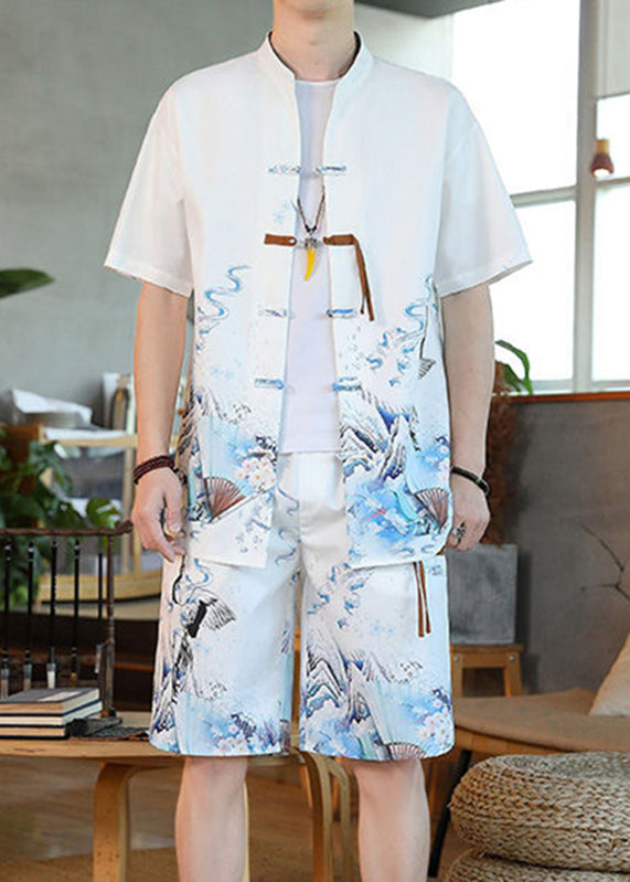 White Stand Collar Ice Silk Shirt and Shorts Two Pieces Set Summer
