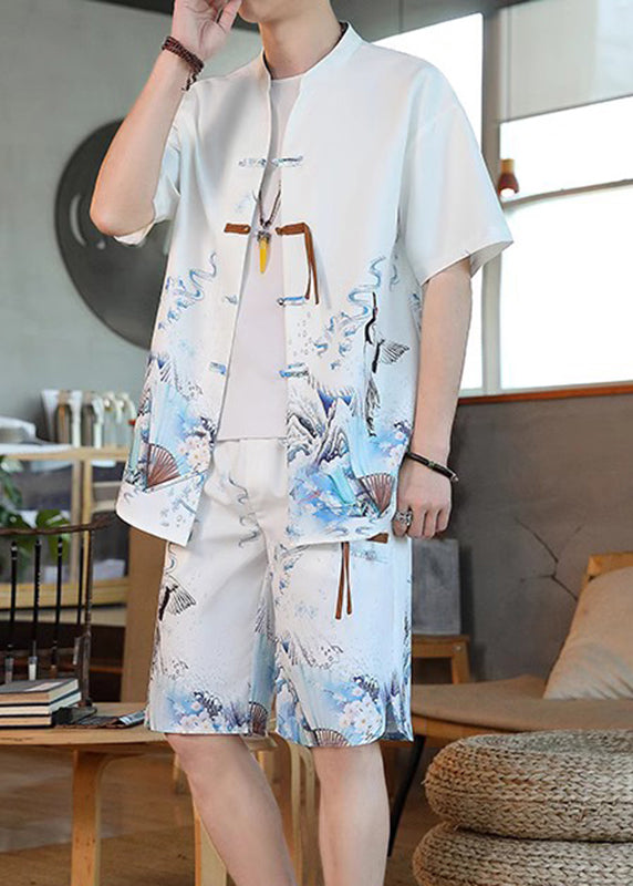 White Stand Collar Ice Silk Shirt and Shorts Two Pieces Set Summer