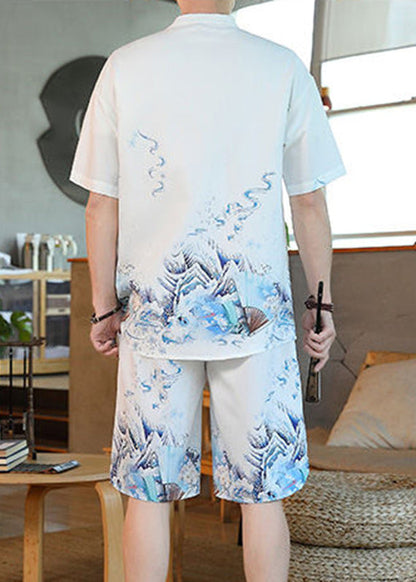 White Stand Collar Ice Silk Shirt and Shorts Two Pieces Set Summer