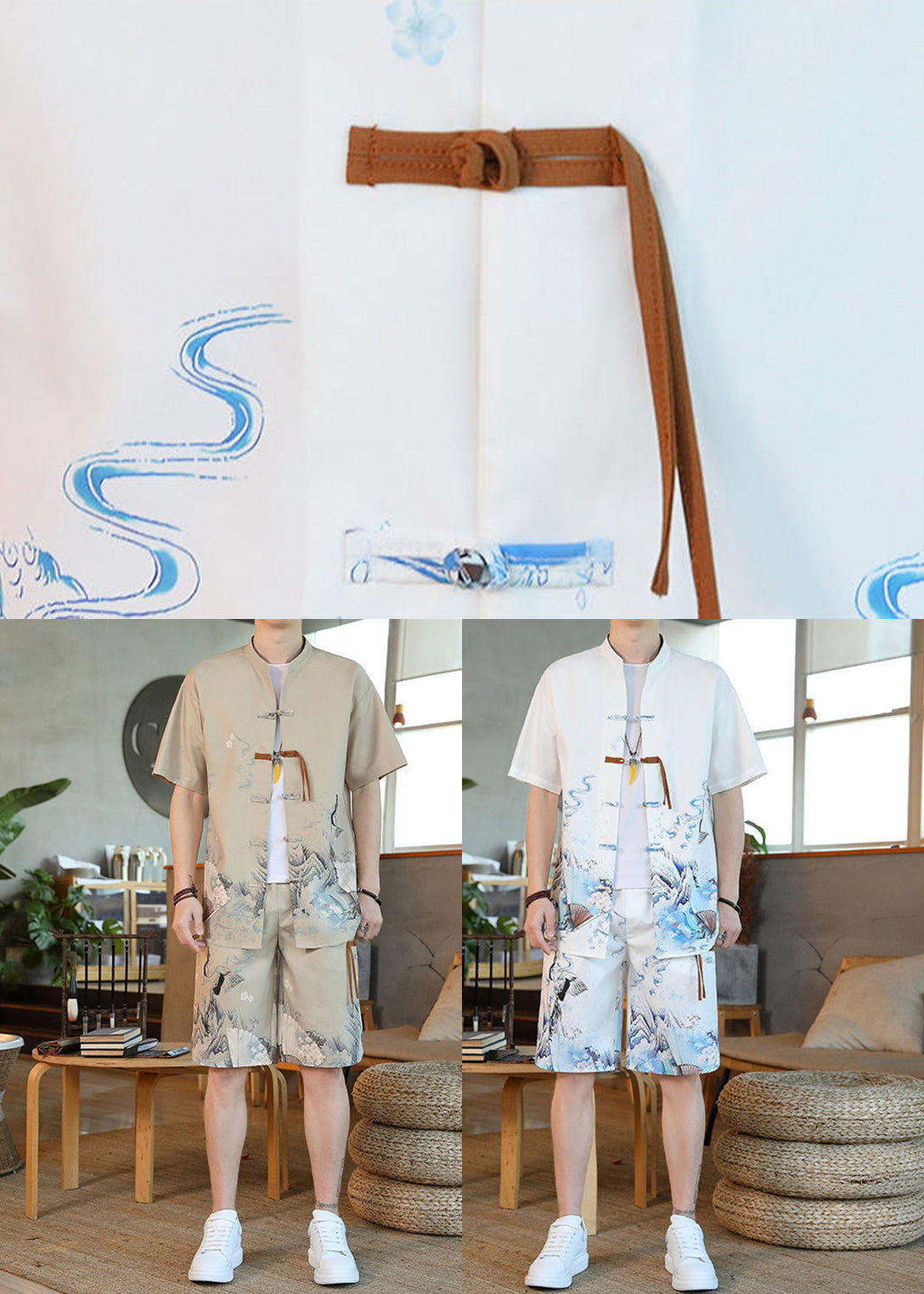 White Stand Collar Ice Silk Shirt and Shorts Two Pieces Set Summer