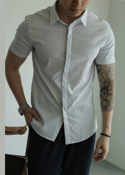 White Striped Button Cotton Summer Shirts Peter Pan Collar