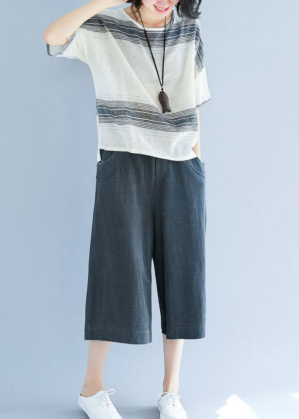 White Striped Cotton Loose Tops O-neck Batwing Sleeve