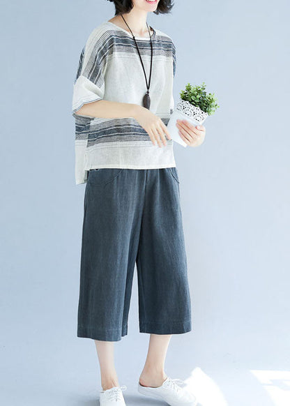 White Striped Cotton Loose Tops O-neck Batwing Sleeve