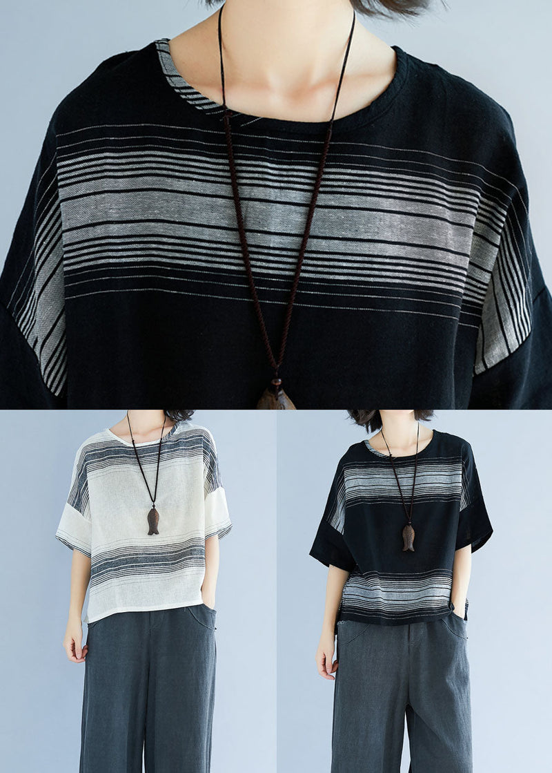 White Striped Cotton Loose Tops O-neck Batwing Sleeve