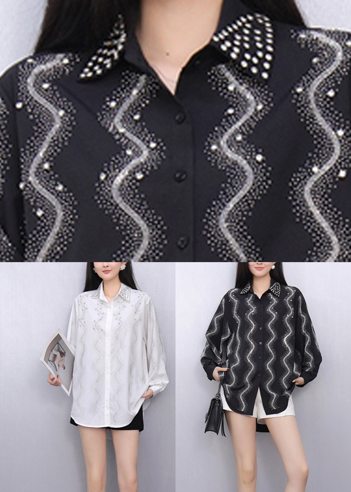 White Striped Nail Bead Button Shirts Fall