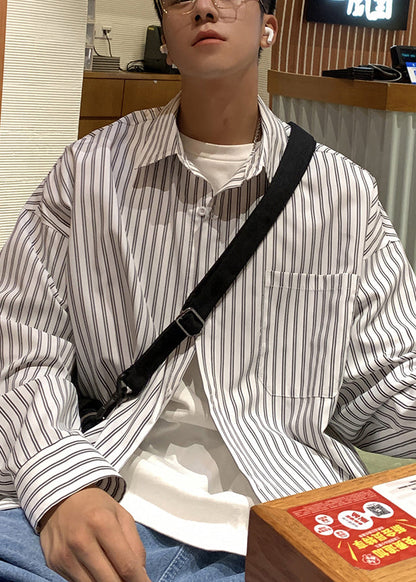 White Striped Pockets Cotton Mens Shirt Peter Pan Collar Spring