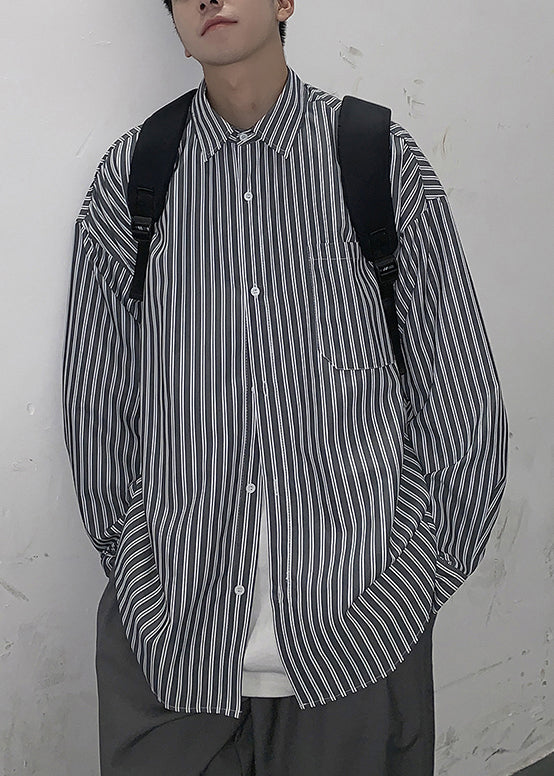White Striped Pockets Cotton Mens Shirt Peter Pan Collar Spring